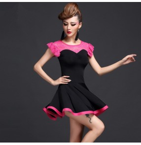 Hot pink black royal blue patchwork lace sleeveless turtle neck women's ladies latin salsa cha cha dance dresses